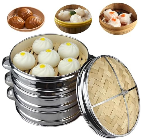 Vaporizador de bambú de acero inoxidable, vaporizador de alimentos de 3 niveles con tapa para albóndigas y verduras, cesta de cocina portátil,