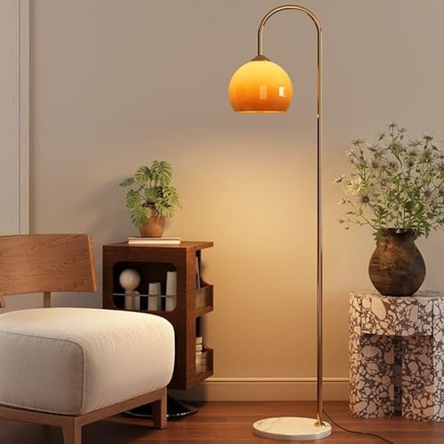 KlkrzJwy Contemporary Globe Glass Floor Lamp 63 Orange Floor Light Arc Tall Lamp with Marble Base E26 Dimmable Standing Light for Living Room Reading Room Bedroom Villa