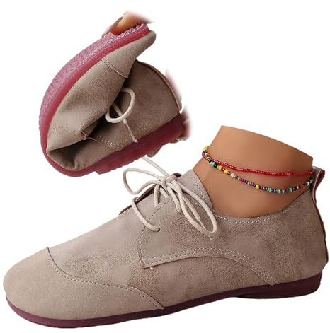 Zapatos ortopédicos suaves y flexibles, zapatos planos de piel sintética con cordones para mujer, mocasines retro de ajuste ancho, mocasines ortopédicos suaves y ligeros, beige, 0 UK Wide
