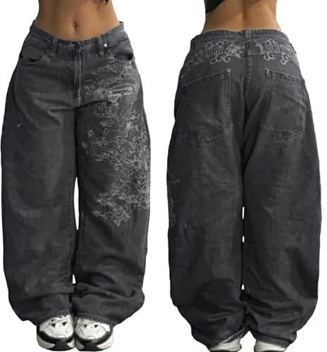 Vaqueros Holgados Y2k Pantalones góticos Mujeres Hombres Hip Hop Street Jeans con Estampado de Esqueleto Vintage Cintura Alta Denim Pantalones Anchos de Pierna Desgaste (A01,M)