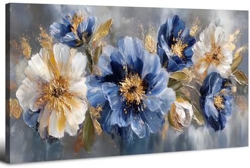 Blau und Gold Blumen Wandkunst Abstrakte Marineblau-Weiße Blumenbilder für Wohnzimmer Wandbilder Blume Leinwandbilder Moderne Ästhetische Kunstwerke für Schlafzimmer Heimdekoration 50,8 x 101,6 cm