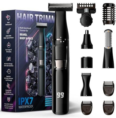 Sybler Electric Razor for Men 5 in 1, Beard Trimmer Kit with Adjustable 1–8mm Comb, Body Shaver, Nose & Ear Hair Trimmer, IPX7 Waterproof, Type-C Fast Charge, LED Display, 120-Min Cordless Use