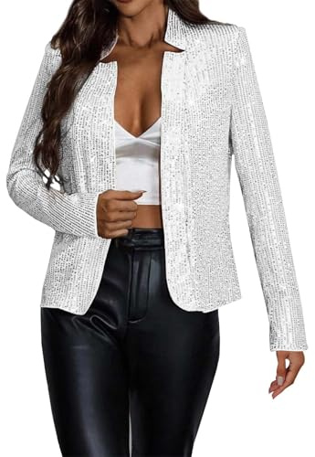 Generisk paljetter bolero damer, kavaj damer glitter festlig jacka festival kostym kvinnor karneval kostym casual blusjacka party bomberjacka kort streetwear rave outfit bekväm kavajrock, Vit, XL