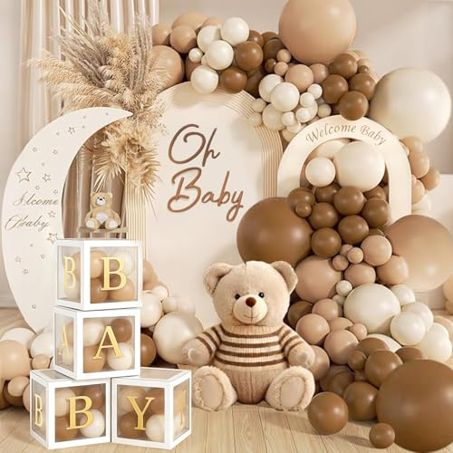 Brown Baby Shower Decorations, 134 Pcs Brown Balloon Garland with BABY Balloon Boxes, Boho Welcome BABY Beige Cream Party Decorations for Neutral Baby Shower Boy Girl Gender Reveal Christening