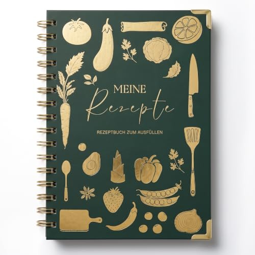 BIROYAL Rezeptbuch zum Selberschreiben A5 mit Zutatenersatztabelle,Tiefgrün | Hardcover Kochbuch mit Umrechnungstabelle & Saisonkalender, 120g Dickes Papier, Platz für 100 Rezepte, Doppelseite pro Rezept