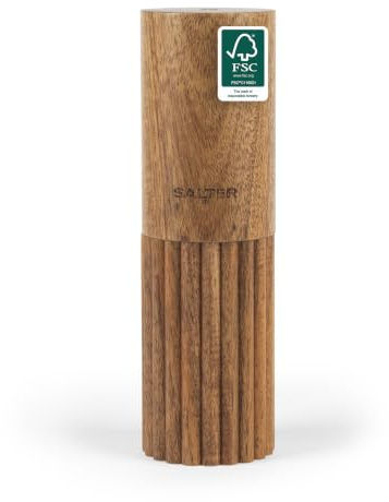 Salter Eden 18cm Salt Mill – FSC®-Certified Acacia Wood, Stylish Ribbed Design, Durable Ceramic Grinding Mechanism, Adjustable Fine to Coarse Grind, Coordinates with Pepper Mill, 5 Year Guarantee