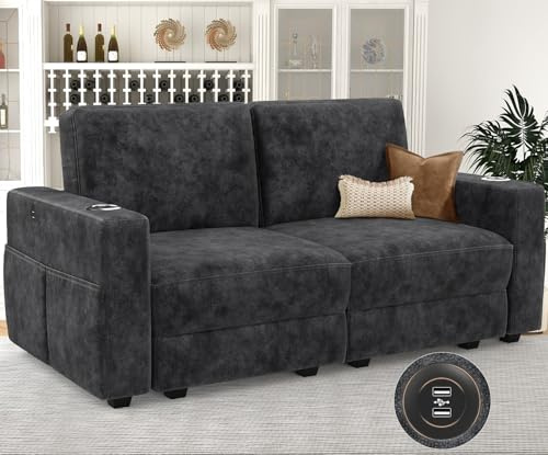 Aotumm Ciort 2 Seater Sofa with Storage, Comfortable Sofa Couch with Deep Seat, Wider Arms, USB, Cup Holder, 2 Seater for Living Room/Bed Room/Office, Easy Assembly, Dark Grey