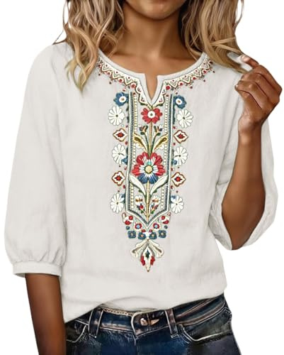 Camisas Mujer Verano Manga Corta Algodón y Lino Talla Grande Camiseta Basica Ligera Cuello V Blusa Elegante Vintage Bordado Moda Blusas y Camisas Original Fiesta Boho Tops T-Shirt tee Primavera