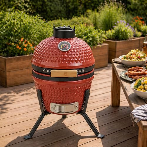 Neo Kamado 13 Ceramic Mini BBQ Grill Smoker Egg Charcoal Cooking Oven with Portable Stand (Cinnabar Red)