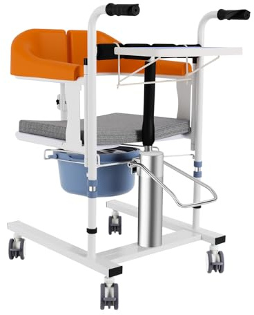 Hydraulisk patientlyft, transferstol, multifunktionell, justerbar höjd, 180° vikbar med sängpanna, 220 pund toalettstol, duschstol för seniorer hemma (orange)