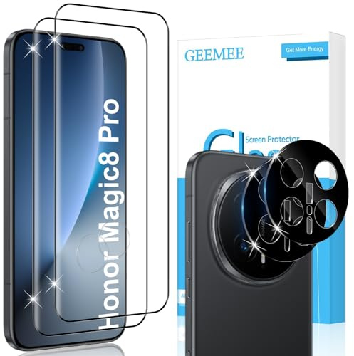 GEEMEE 3D Screen Protector For Honor Magic 8 Pro, 2 Pieces Tempered Glass Film + 2 Pieces Camera Tempered Glass- Black, 9H Anti Scratch HD Protective Screen Protector