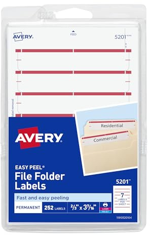 Avery File Folder Labels on 4 x 6 Sheets, Easy Peel, White/Red, Print & Handwrite, 2/3 x 3-7/16, 252 Labels (5201)