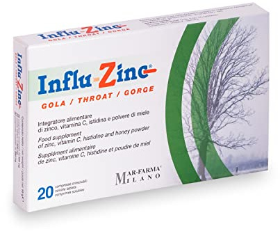 Influ-Zinc Gola - Integratore Alimentare a Base di Zinco e Miele - Utile per i Sintomi del Mal di Gola - 20 Compresse Orosolubili, al Gusto di Miele, Senza Zuccheri Aggiunti