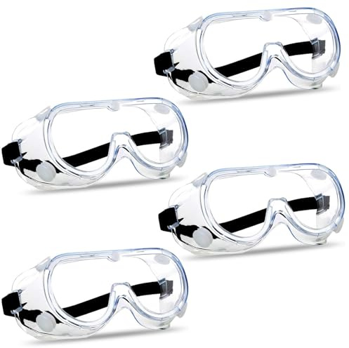 Super More 4PCS Anti-Fog Protective Safety Goggles Clear Lens Wide-Vision Adjustable Chemical Splash Eye Protection Soft Lightweight Eyewear