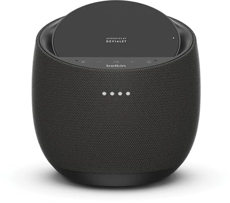 Belkin SOUNDFORM Elite Hi-Fi Smart Speaker + Wireless Charger (Alexa Voice-Controlled Bluetooth Speaker) Sound Technology By Devialet, Fast Wireless Charging for iPhone, Samsung Galaxy & More - White
