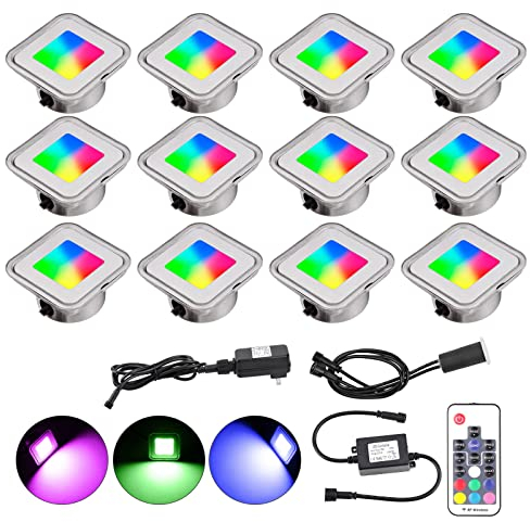 YZGWZLD Terrassen Einbaustrahler Terrassenbeleuchtung 12er Set LED Bodeneinbaustrahler RGB 58.8mm IP67 wasserdicht für außen innen Garten Holzbrücke Pool Holzdeck inkl. 12V mini Einbauspots