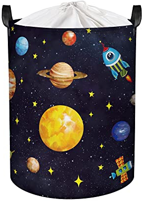 Clastyle 45L Schwarz Wäschekorb Kinder mit Universum, Planet, Raketen, Stern - Rund Wäschekorb Faltbar für Kinderzimmer - Perfekt Aufbewahrungskorb zum Aufbewahren von Spielzeug, 36x45 cm