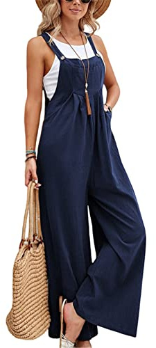 SotRong Dungarees for Women Uk Wide Leg Jumpsuit With Pocket Loose Fit Playsuits Summer Boho Romper Sleeveless Strappy Overalls Navy Blue S