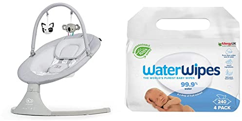 Kinderkraft Elettrica Altalena LULI, Sdraietta Neonati, Funzioni Dondolo Automatico, Giostrina con Giocattoli, Grigio & WaterWipes Original Salviette Umidificate per Neonati Biodegradabili