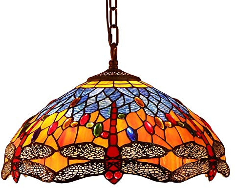 Bieye L30709 Libelle Tiffany Deckenpendelleuchte, Orange Blau, 16 Zoll | Glasmalerei, Handgefertigter Lampenschirm