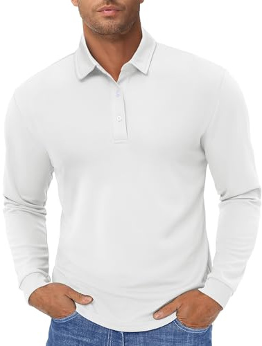 TACVASEN Mens Long Sleeve Shirts Golf Polo Shirt Tactical Tops White L