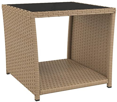vidaXL Beistelltisch mit Glasplatte Beige Poly Rattan & Hartglas