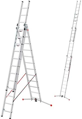 Hailo Master S120 Pro Mehrzweckleiter - 3-teilige, klappbare Aluminium-Leiter - als Schiebe-, Bock- und Anlegeleiter nutzbar - Höhe bis 7,85 m - Gewicht: 34 kg