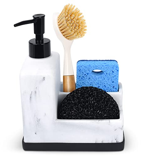 Dish Soap Dispenser with Sponge Holder,White Marble Look Liquid Hand and Dish Soap Dispenser and Spong Caddy with Brush Holder 3 in 1 Countertop Organizer for Kitchen Sink and Bathroom,White