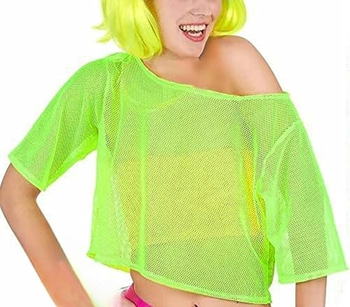 SamHeng T-shirt Femme Maille Filet Costume des années 80 Mesh Crop Top T-Shirt pour Annees 80 Costume Vetement Fête Rétro Disco Carnaval Fête Néon Vert