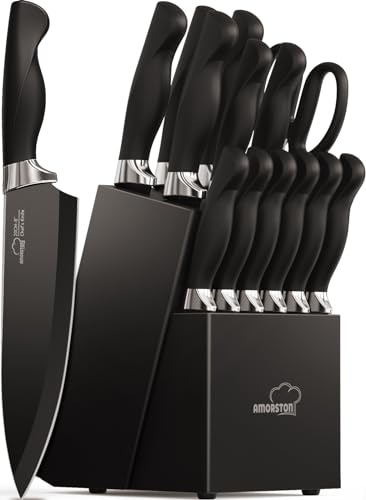 Amorston Knife Set, 15 Pieces Kitchen Knives Set with Block and Built in Sharpener, Dishwasher Safe Knife Block Set, German Stainless Steel Knife Block Set for Home Kitchen Mothers Day Gifts Black