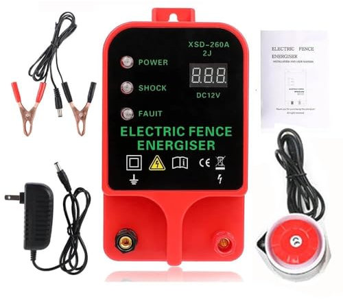 VQP 10KM 2J Electric Fence Charger, Portable Electric Fence Energizer, Waterproof Fence Charger for Livestock Cattle Horse, AC or Battery Powered, Alarm Function