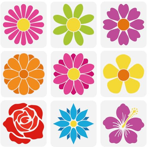 FINGERINSPIRE 9 stencil a forma di fiori grandi, 20 x 20 cm, in plastica PET, petali di rosa, margherite, modelli per disegnare su tessuto di legno