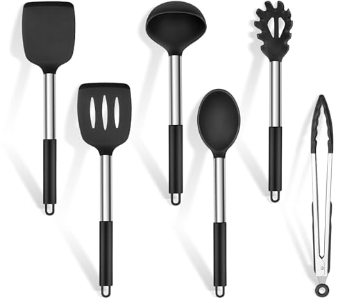 Homikit Black Kitchen Utensil Set, 6Pcs Silicone Cooking Utensils with Stainless Steel Handle, Kitchen Cooking Tools for Non Stick Pans, Heat Resistance & Dishwasher Safe