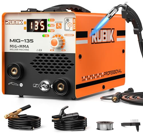 135A MIG Welder, 3 in 1 Gasless Welder Flux MIG/Lift TIG/Stick MultiProcess Mig Welder, 110V Welding Machine, Flux Core Welder with IGBT Inverter Synergic Control and LCD Display