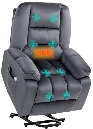 HOMCOM Fernsehsessel mit Aufstehhilfe Elektrisch mit Wärmefunktion Grau | Relaxsessel, Massagefunktion, Liegefunktion, Massagesessel, Breite Sitz, Fernbedienung, Fußteil, Seitentasche, Samtoptik