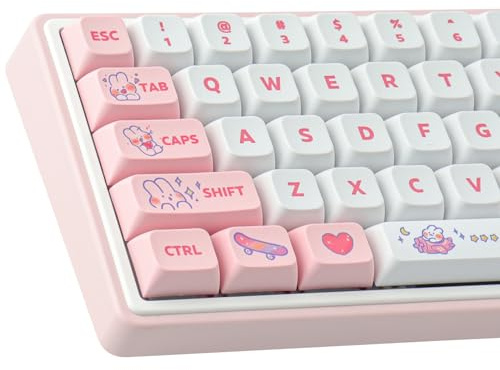 PBT Custom Keycaps 129 Tasten XDA Profil Tastenkappen Farbstoff-Sublimation Niedliches rosa Hasen-Tastenkappen-Set Kompatibel mit Cherry MX-Schaltern für mechanische Gaming-Tastaturen mit ANSI-Layout