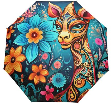 KAAVIYO Motif Floral Art Animalier Girafe Parapluie Pliable Pliant à Ouverture Automatique Parapluies Pliant Coupe-Vent pour Voyager Plage Femmes Enfants Homme Fille