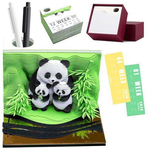 VOHESEA Panda Kalender 2026, 3D-Kalender 2026, DIY-Zeitmesser-zum Abreißen, 3D-Kunstblöcke in Pandaform, 3D-Notizblock aus Papierschnitzkunst als Schreibtischdekoration (B)