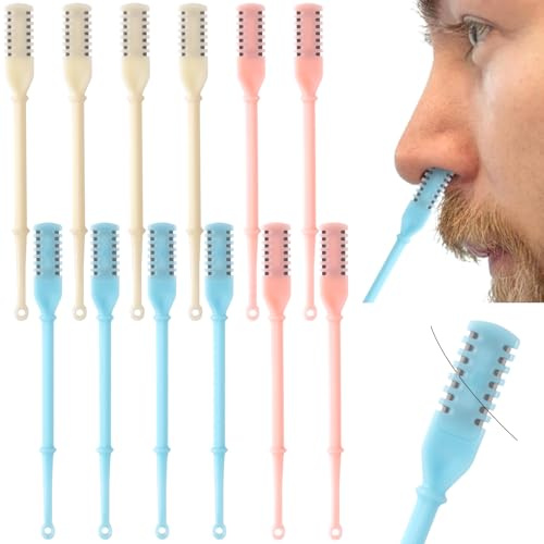 Isslly Lot de 12 coupe-poils de nez double face, outil d'épilation de nez à 360 degrés, tondeuse nasale 2 en 1 pour homme et femme (blanc crème, bleu, rose)
