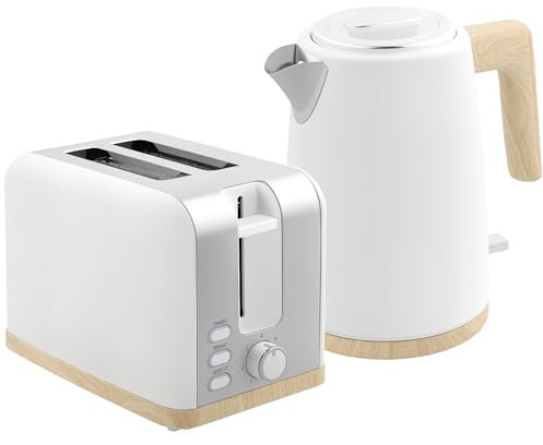 HOMCOM Stainless Steel Kettle and Toaster Set, 1.7L 3000W Fast Boil Kettle & 2 Slice Toaster Kitchen Set with 7 Level Browning Controls, Defrost, Reheat, Auto Off, Boil-Dry Protection, White