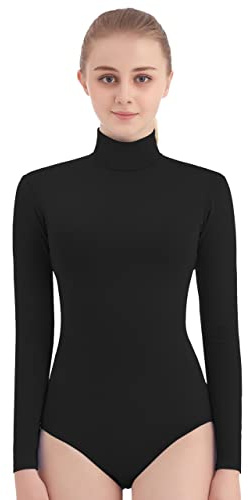 SUPRNOWA Women's Long Sleeve Turtleneck Top Bodysuit Mock Neck Stretchy Leotard Jumpsuit Body Suit with Zipper for Dance Gymnastics Cheerleading Fashion (S, Black)