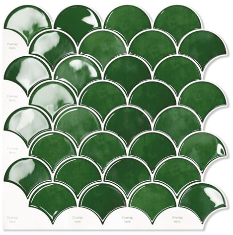 Küchen Herd Klebefliesen Spüle Küchenrückwand Grün Fliesen 10 Stück 12 x 12 Kochfelder Spritzschutz Fliesen,Selbstklebende Wandfliesen, 3D Fischschuppen Fliesenmuster Fliesenaufkleber