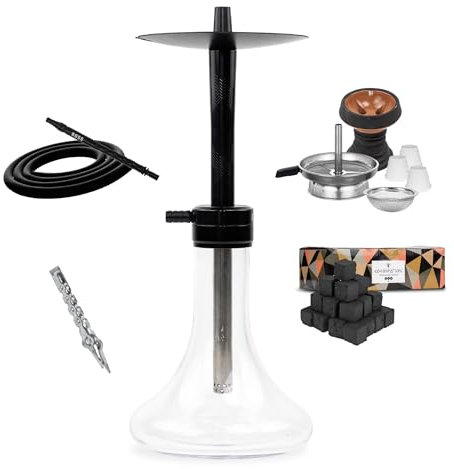 Mr. Eds Shisha Negra 44 cm con Blow-Off, Cazoleta + Gestor, 1kg Carbón Cocobration, Manguera Silicona, Boquilla, Pinza y 3 Juntas