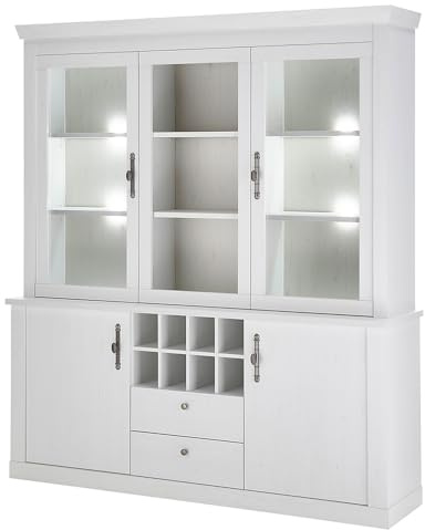 Lomadox Esszimmer Buffetschrank Buffet Vitrinenschrank inkl. LED-Beleuchtung mit 184 cm Breite in Pinie weiß, Flascheneinteilung - Landhaus-Stil