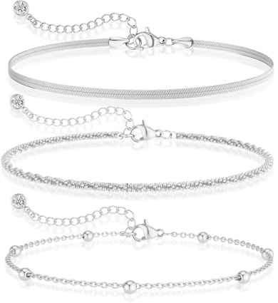3Pcs Silver Bracelet for Women,Plated Jewellery Bracelets Set Adjustable Jewelry Chain Beaded Stacking Waterproof Ladies Braclet Chains Electroplated Layered Style Giftr Girls Braclets Rope,for Womens
