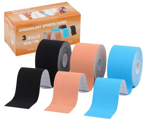 Kinesiotape,Strap Spor,Strap Bande Kinesiologie DéCoupable,Elastique Et RéSistant à La Transpiration,3 pcs 500 * 5Cm Bande Tape Kinesiologie,Pour Genoux éPaules Coudes，Bleu, noir et abricot