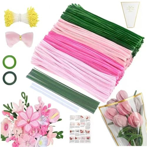 400 Stück Pfeifenreiniger Blumen set,Pfeifenputzer Zum Basteln,Pipe Cleaner Flower Set,Pfeifenputzer Blumen,Mit Grüne Blumenstöcke,Klebebandrollen,Bänder,Staubgefäße Etc,Für DIY Basteln Und Dekorieren