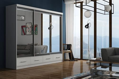Krudox MAR Weiss Schiebetürenschrank Kleiderschrank 250x216x62 cm mit Spiegel und Grau Lacobel Schlafzimmermöbel, Aufbewahrung – Mehrzweckschrank mit 3 Kleiderstangen und 4 Schubladen