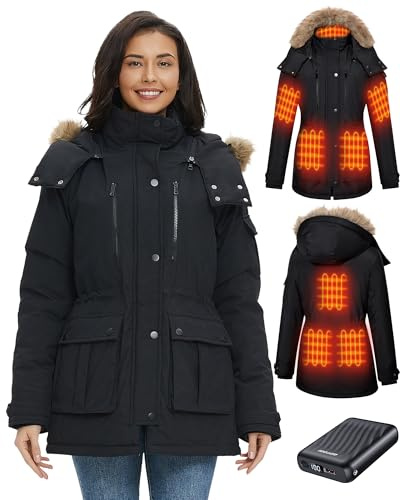 GOTOBI Women's Long Heated Jacket with Power Bank 12V 18400mAh, 8 Heating Zones Hooded Winter Coat with 3 Temperature Levels, Warm Jacket for Cycling, Camping & Outdoor Work, Black,M