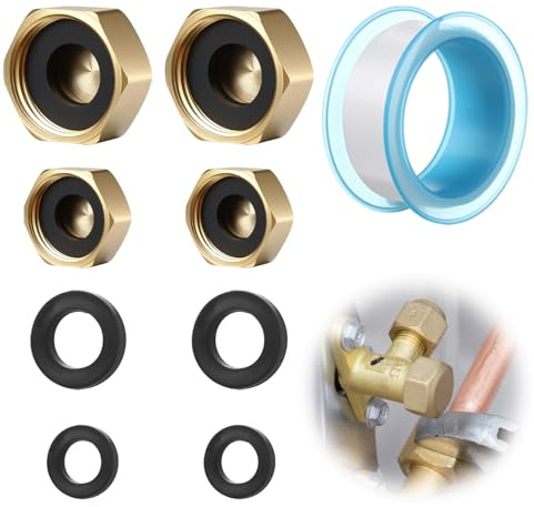 4 Pcs Brass Blanking Cap for Washing Machine 1/2 3/4 Radiator Valve Caps Hex Sink Blanking Plug with Washers Female Brass End Stop Cap Thread Brass Plumbing Fittings for Faucets Tap Pipework
